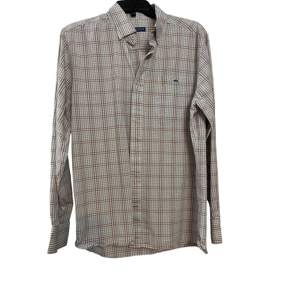 Fish Hippie Mens Tailored Fit Plaid Button Down Shirt Red Grey Long Sleeve M